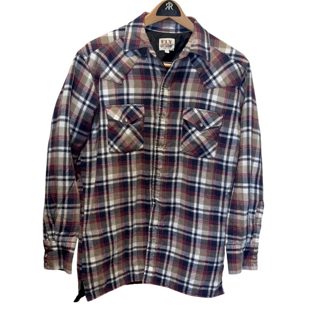 Ely Cattleman Pearl Snap Plaid Flannel Shirt Mens M Quilted Lined Western Grunge